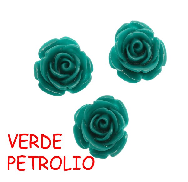 Rosa in resina colorata, piatta sotto, da incollo con foro passante, larga 18 mm., colore Verde petrolio