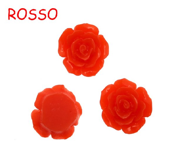 Rosa in resina colorata, piatta sotto, da incollo, larga 20 mm., colore Rosso