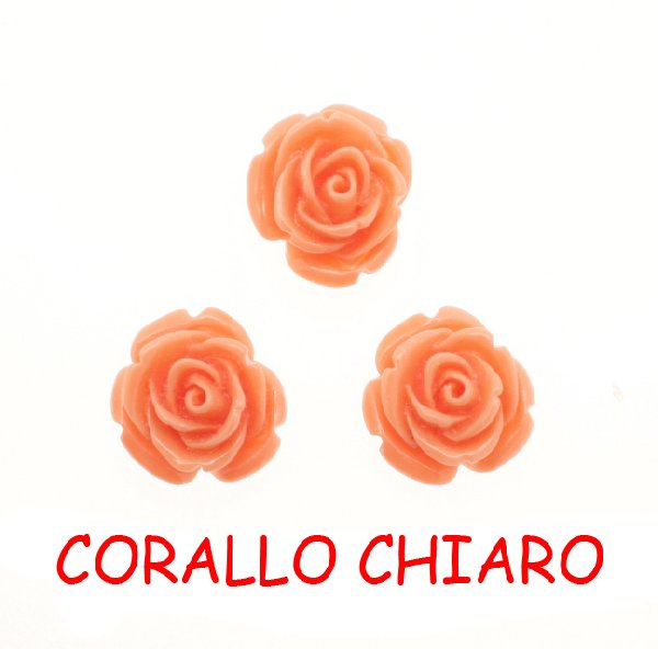 Rosa in resina colorata, piatta sotto, da incollo con foro passante, larga 20 mm., colore Corallo chiaro