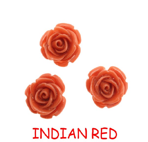 Rosa in resina colorata, piatta sotto, da incollo con foro passante, larga 20 mm., colore Indian Red