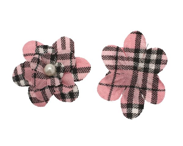 Fiore in stoffa scozzese con perla centrale e anellino sul dietro, 7 cm., sui toni del rosa