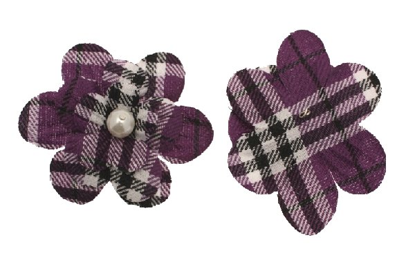Fiore in stoffa scozzese con perla centrale e anellino sul dietro, 7 cm., sui toni del viola