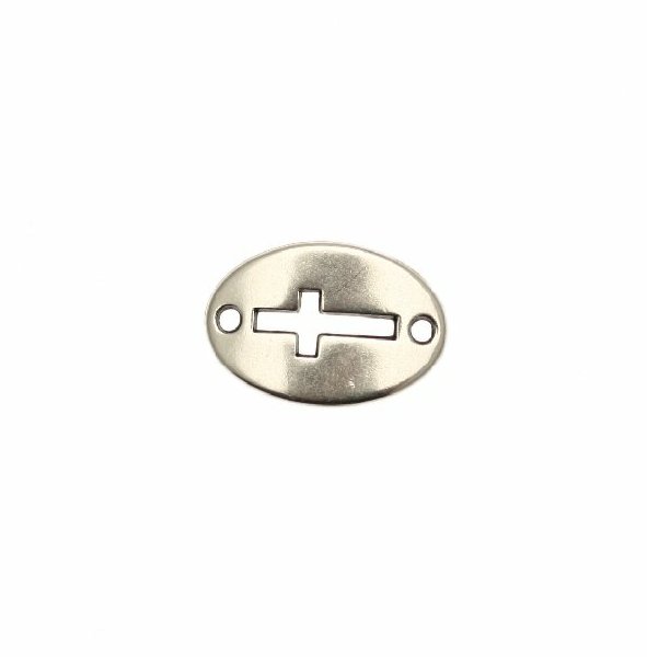 Elemento per bracciale a forma di medaglia ovale, leggermente ricurvo, con due fori ai lati, e foro con disegno croce, 13x20 mm.