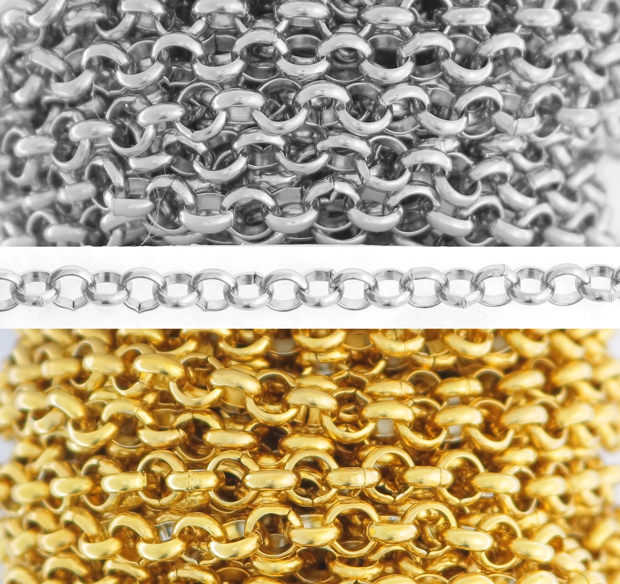 Catena tonda rollò, in acciaio, diametro dell'anello 5 mm.