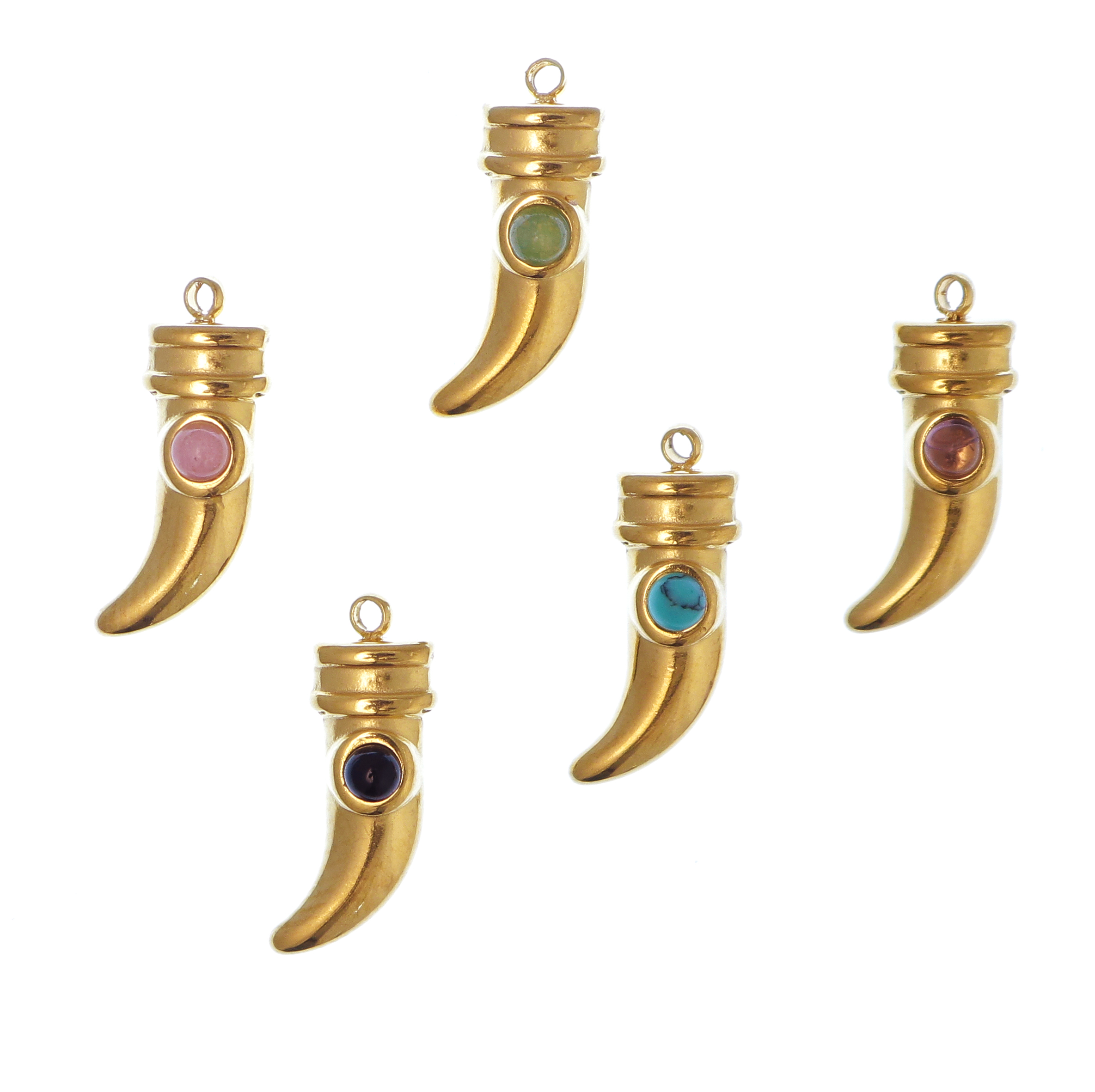 Ciondolo in acciaio oro vintage, forma a Corno con pietra dura, 19x6mm