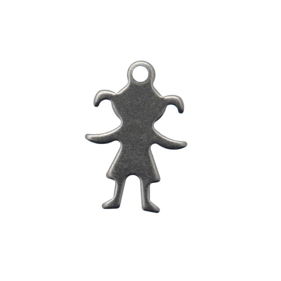 Ciondolo, in Acciaio, a forma di bambina stilizzata con codini e le braccia aperte, 11x16 mm.