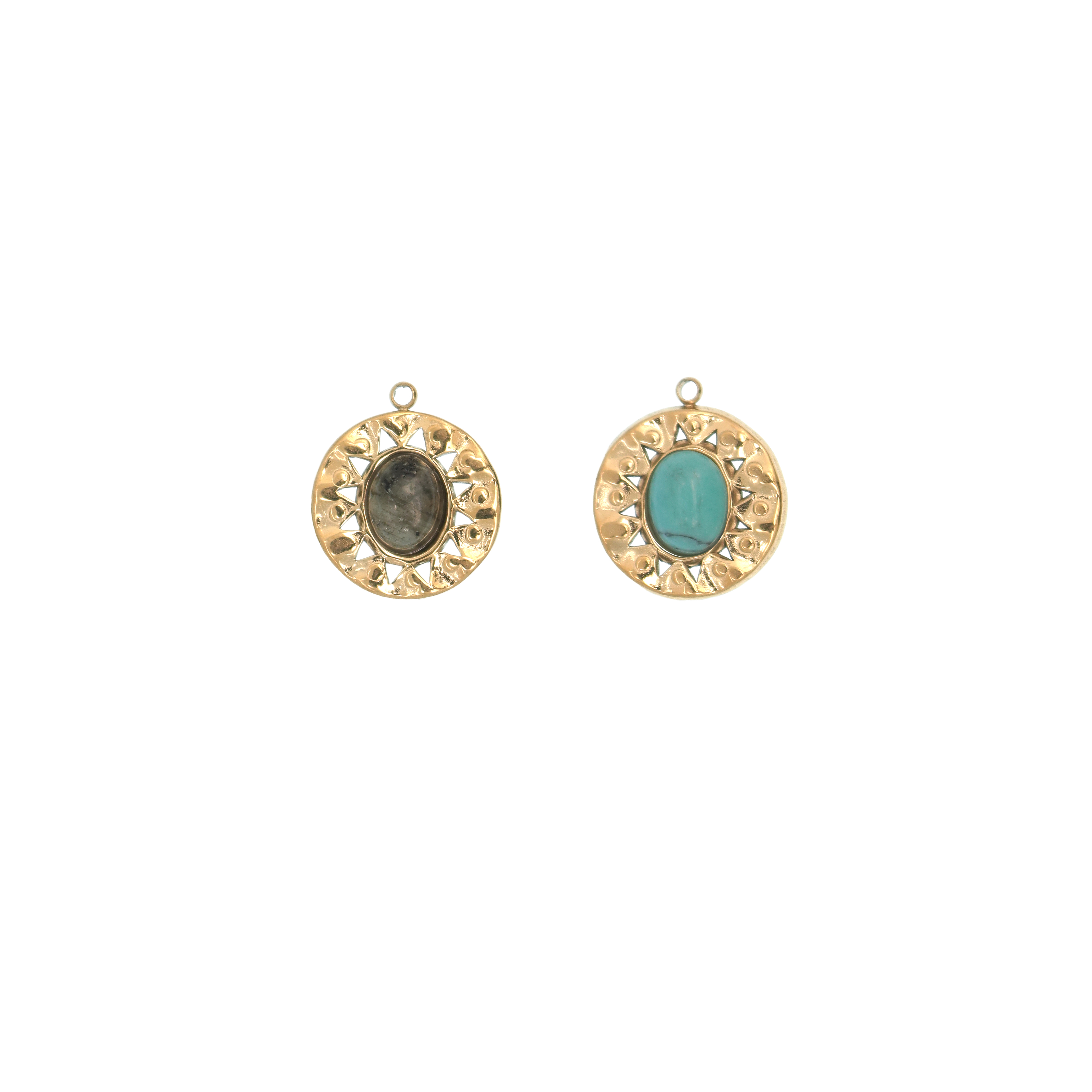Ciondolo in acciaio oro vintage, forma Tonda con pietra dura, 16x18mm