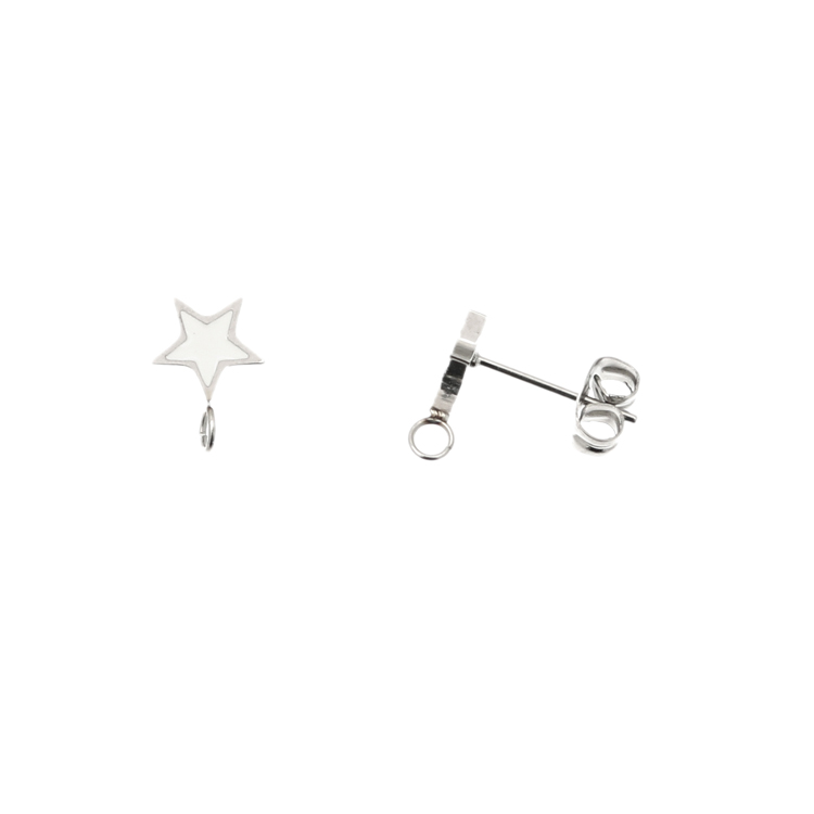 Perno a forma di stella, 7x10 mm., in Acciaio, base Argento Rodio, colore Bianco