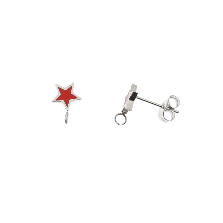 Perno a forma di stella, 7x10 mm., in Acciaio, base Argento Rodio, colore Rosso