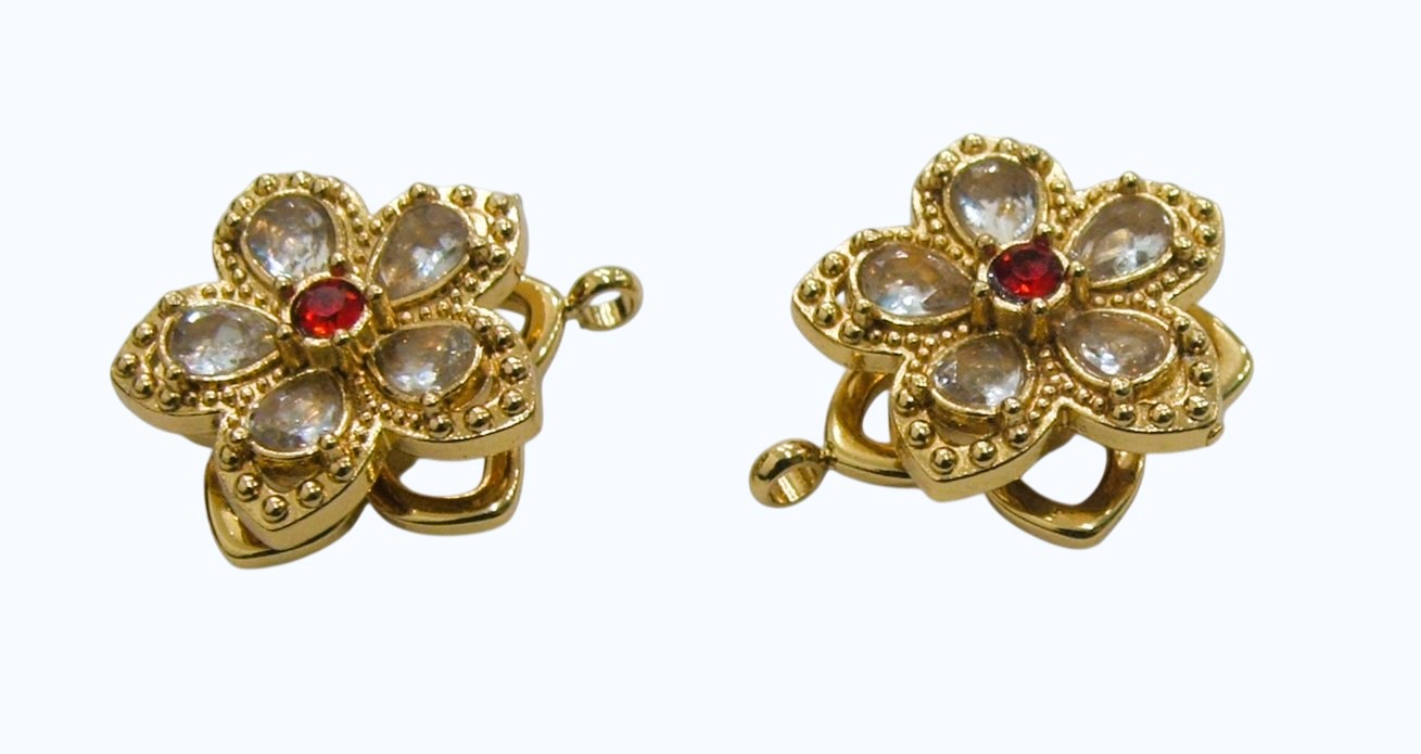 Ciondolo in acciaio oro, con girandola a forma di fiore, colore bianco-rosso, diametro 16mm