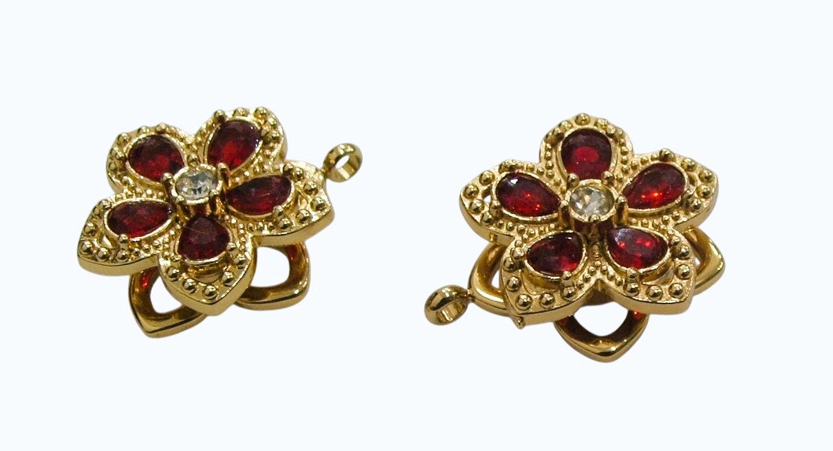 Ciondolo in acciaio oro, con girandola a forma di fiore, colore bianco-rosso, diametro 16mm