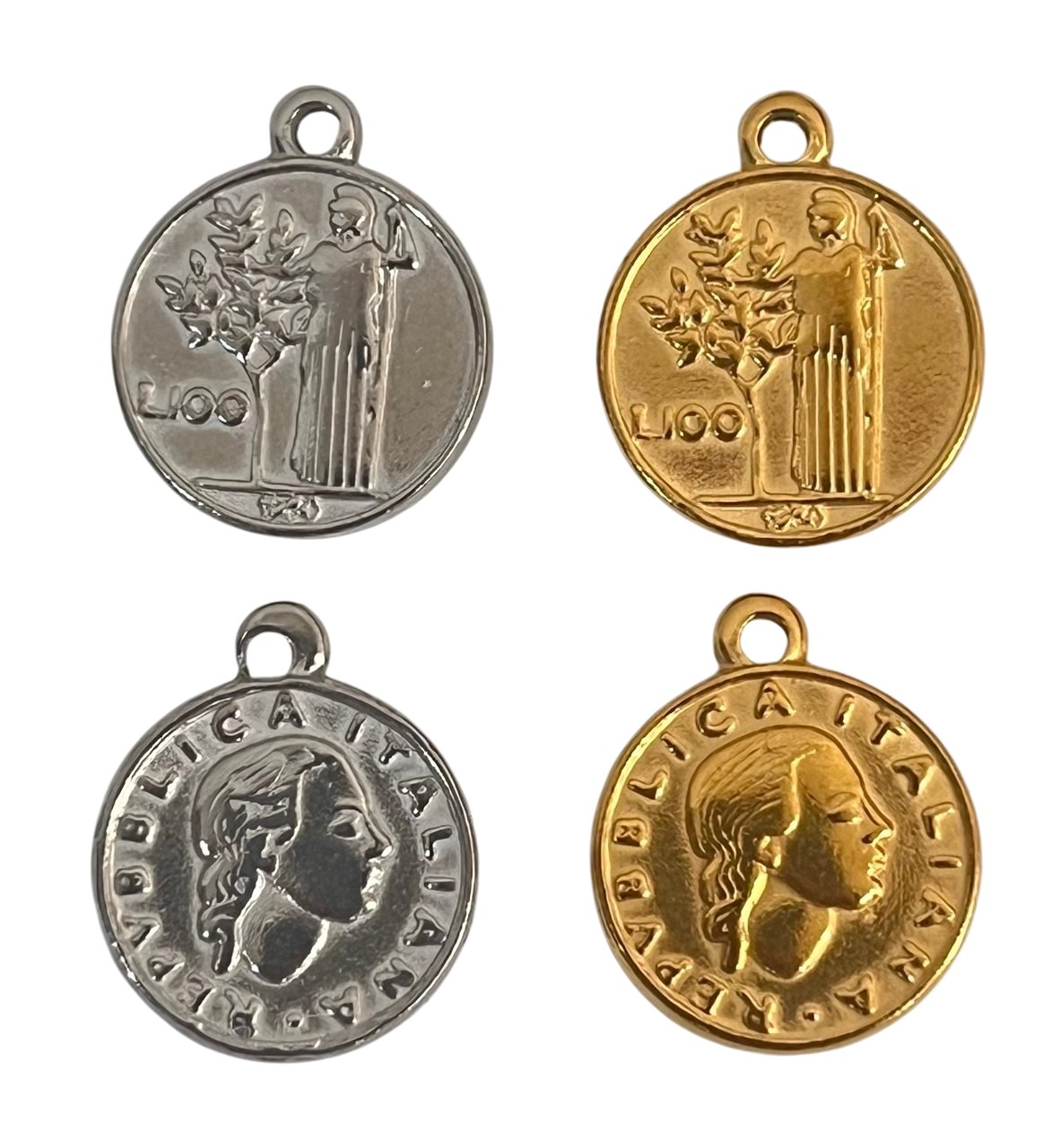 Ciondolo a forma di Moneta 100 Lire 15x18 mm., in Acciaio