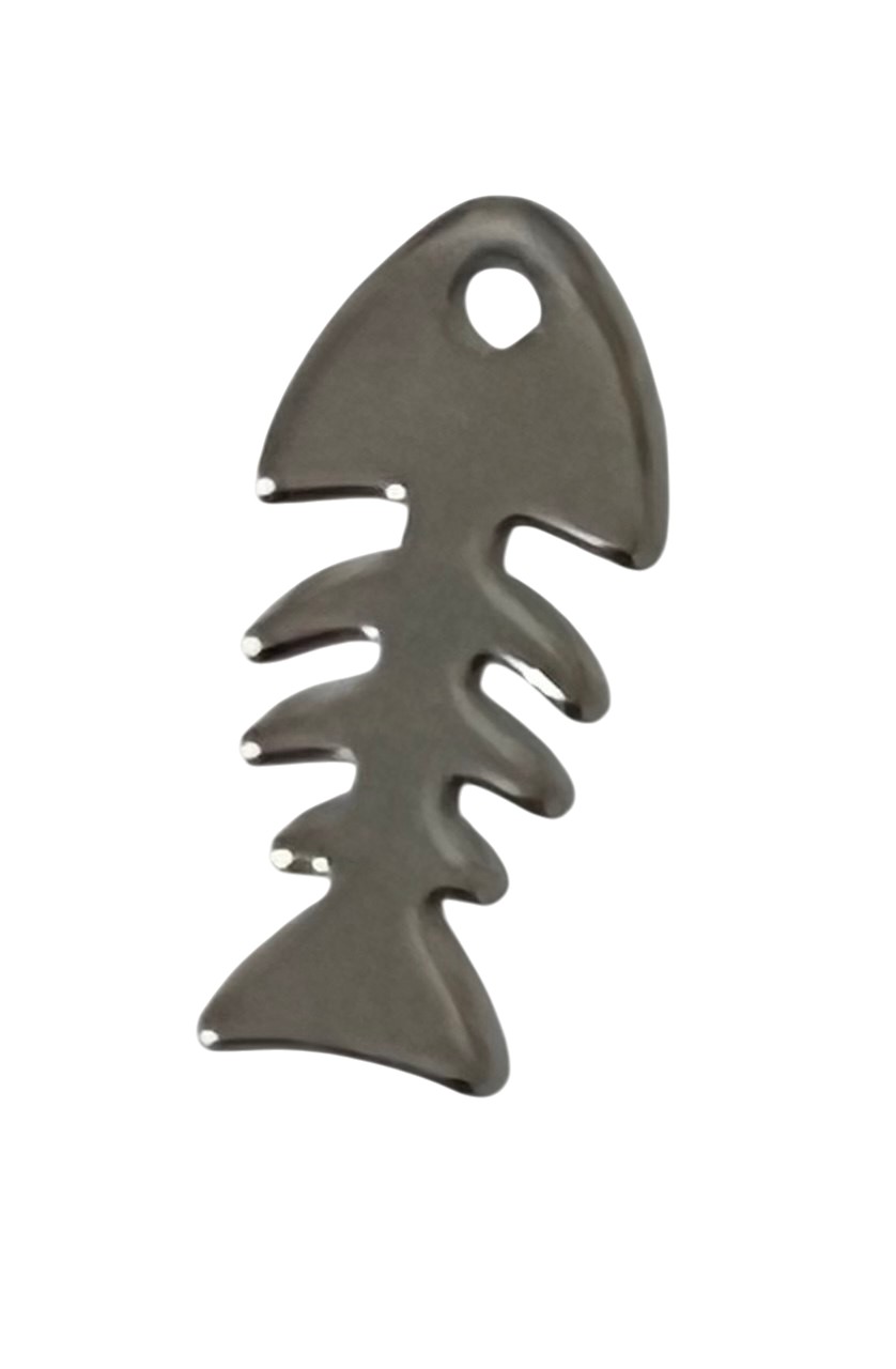 Ciondolo, in Acciaio, a forma di Spina di Pesce piatto, largo 8x18 mm.